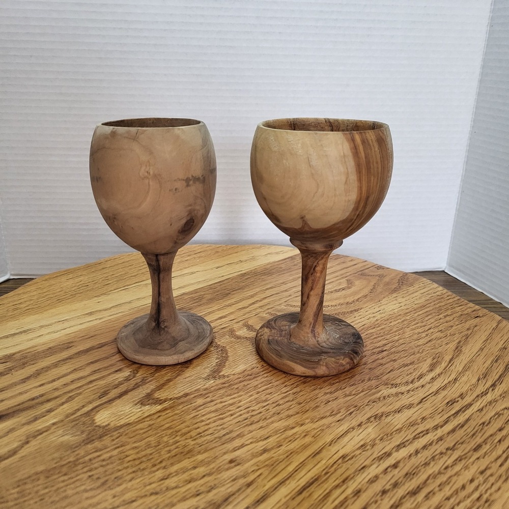 VTG Hand Turned Wooden Olive Wood Wine Goblet Pair Set Of 2 Stemware Chalice